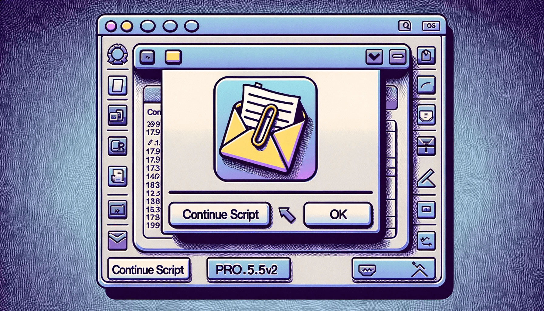 この画像は、レトロなスタイルのコンピュータインターフェースやウィンドウを示しています。中央には封筒と紙クリップが描かれたアイコンがあり、その下には「Continue Script」と「OK」というボタンが表示されています。ウィンドウの下部には「PRO.5.5v2」というテキストがあります。インターフェースにはさまざまなアイコンやボタンが配置されており、機能や設定を示唆しています。全体的に、古典的なコンピュータOSやソフトウェアのデザインを思わせるスタイルです。