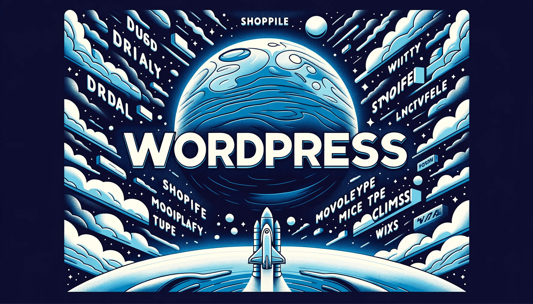 このイラストは、WordPressがウェブの宇宙での中心的な存在であり、周りの技術やサービスとともに成長し続けていることを象徴している